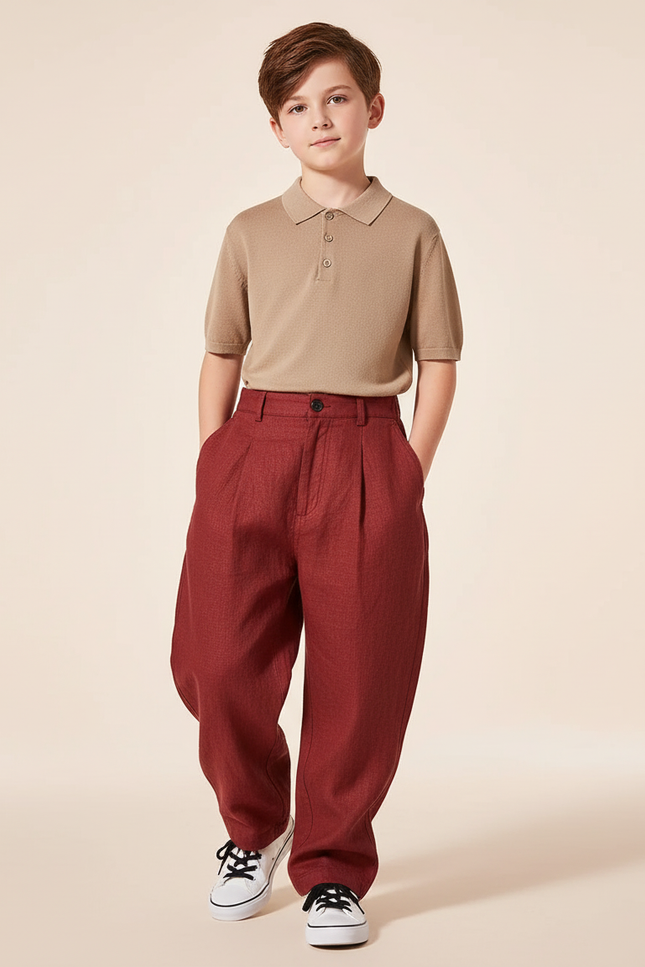 Pantalon Baggy Rouge Brique Ample Plissé Lin Enfant