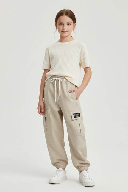 Pantalon Baggy Fille Beige Cargo - Toile