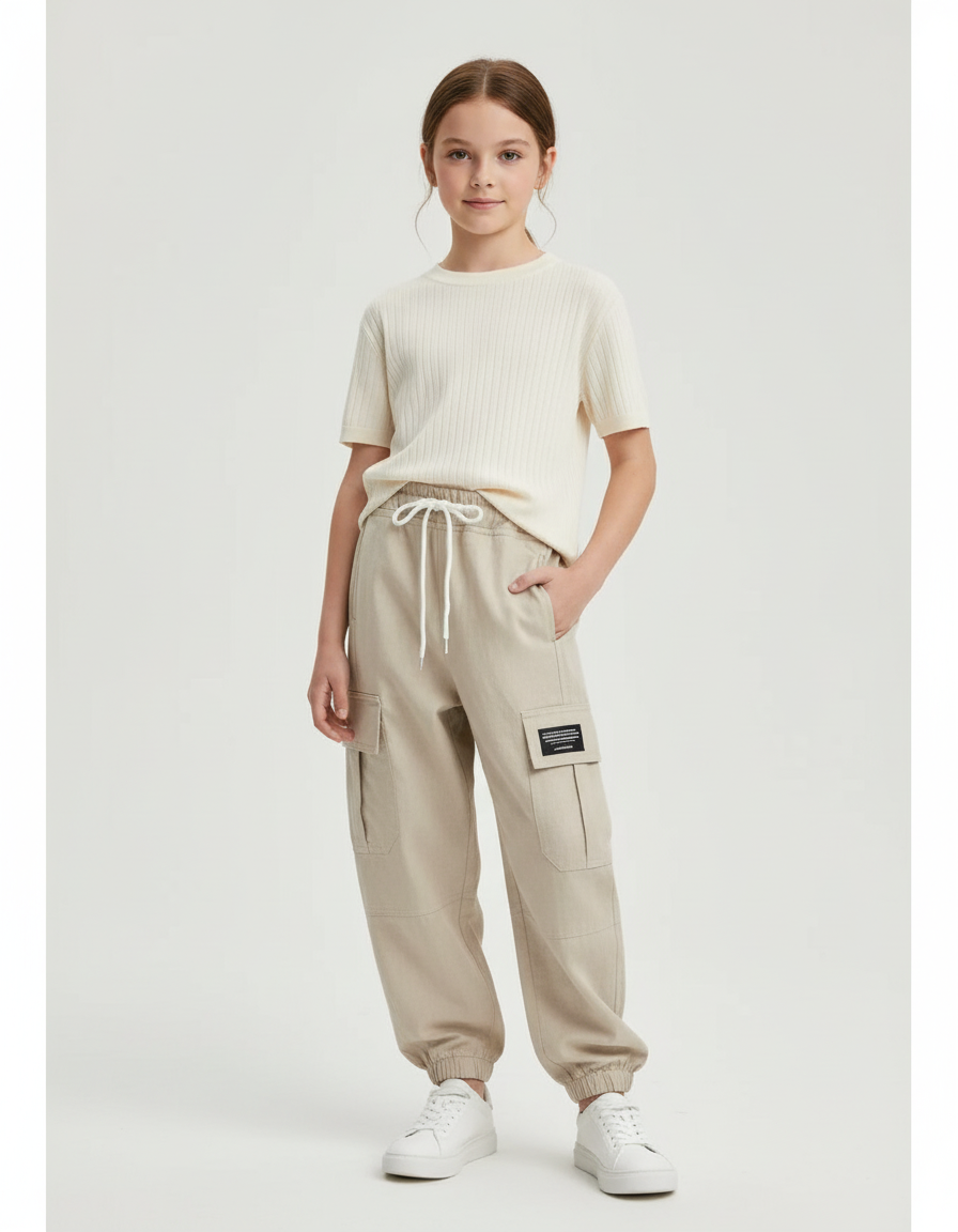 Pantalon Baggy Fille Beige Cargo - Toile