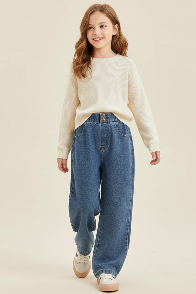 Pantalon Baggy Jean Bleu Ample Taille Haute Enfant