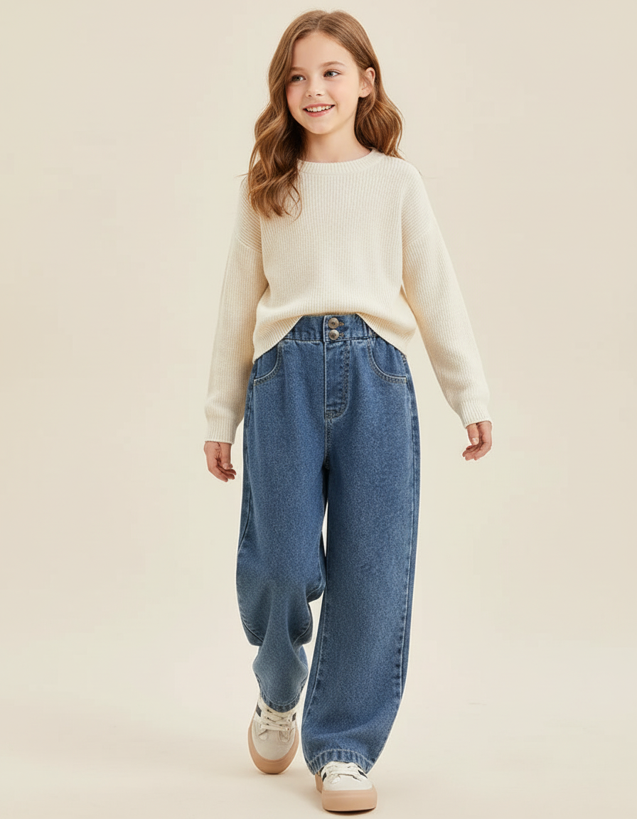Pantalon Baggy Jean Bleu Ample Taille Haute Enfant