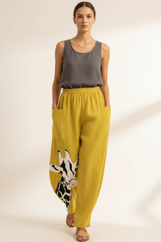 Pantalon Baggy Jaune Imprimé Girafe Ample Confortable - Lin