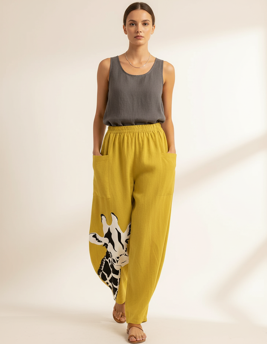Pantalon Baggy Jaune Imprimé Girafe Ample Confortable - Lin