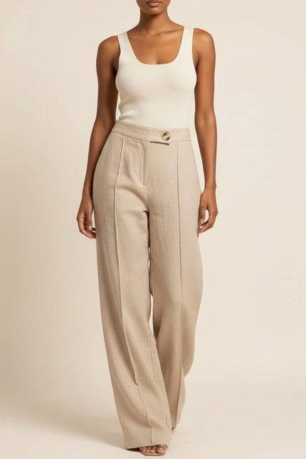 Pantalon Baggy Beige Lin Ample Plissé Décontracté