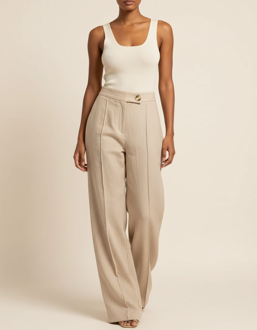 Pantalon Baggy Beige Lin Ample Plissé Décontracté