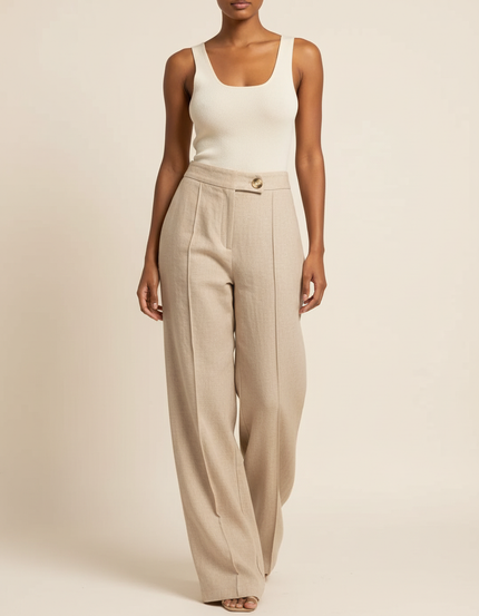 Pantalon Baggy Beige Lin Ample Plissé Décontracté