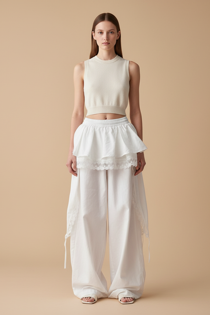 Pantalon Baggy Blanc Ample Dentelle Fluide - Coton