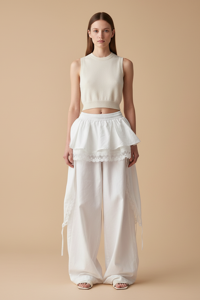 Pantalon Baggy Blanc Ample Dentelle Fluide - Coton