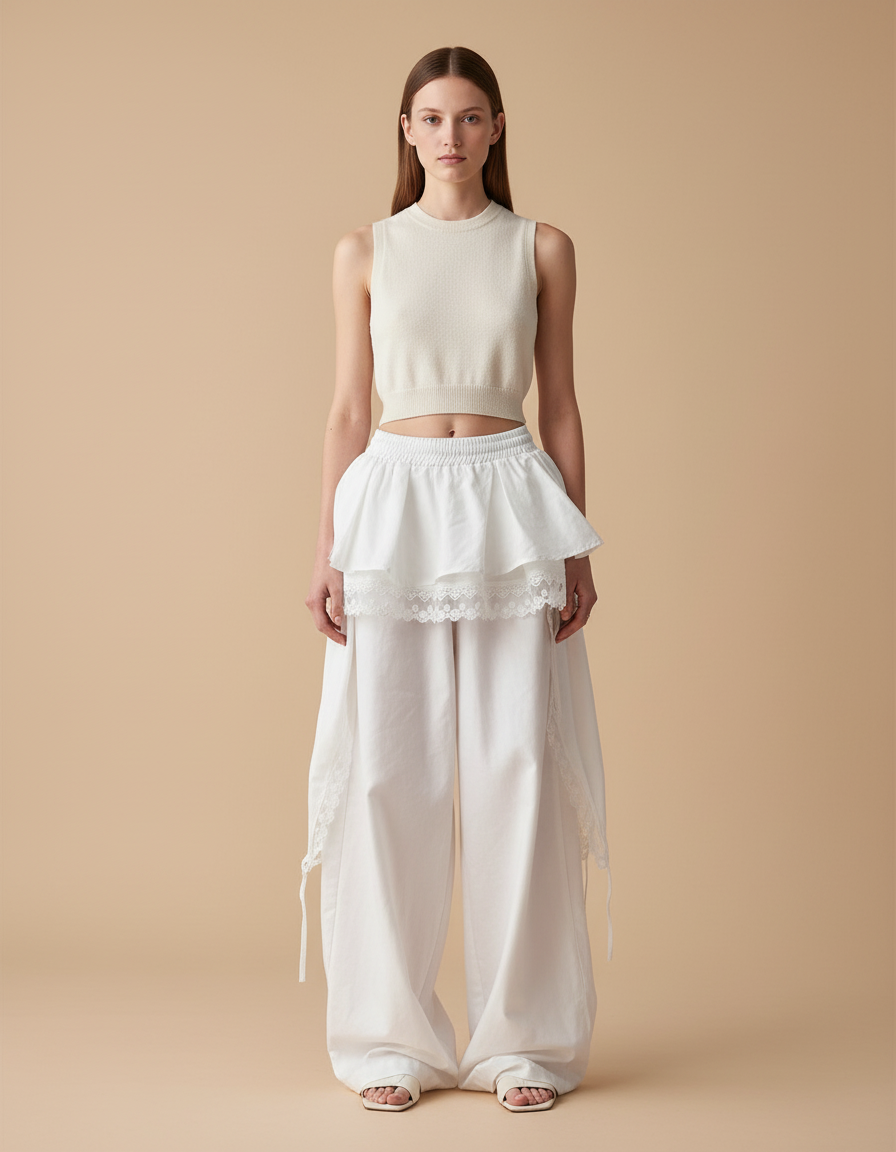Pantalon Baggy Blanc Ample Dentelle Fluide - Coton