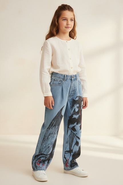 Pantalon Baggy Jean Clair Ample Imprimé Manga Fille - Bleu