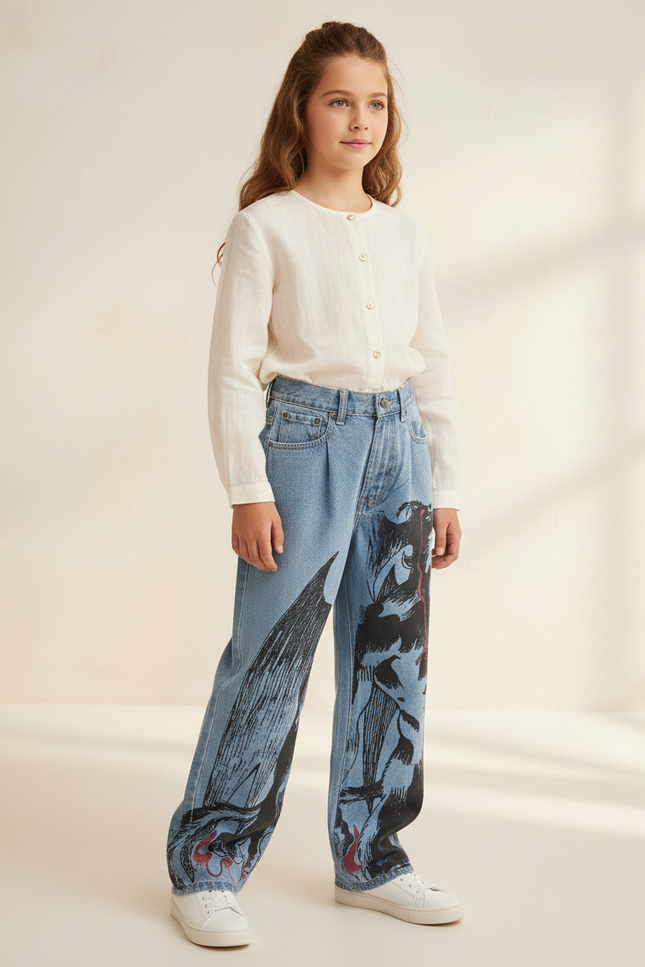 Pantalon Baggy Jean Clair Ample Imprimé Manga Fille - Bleu