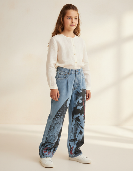 Pantalon Baggy Jean Clair Ample Imprimé Manga Fille - Bleu