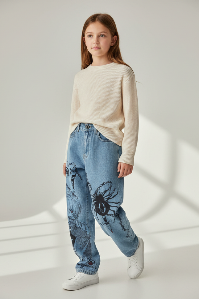 Pantalon Baggy Jean Clair Ample Imprimé Araignée Unisexe - Bleu