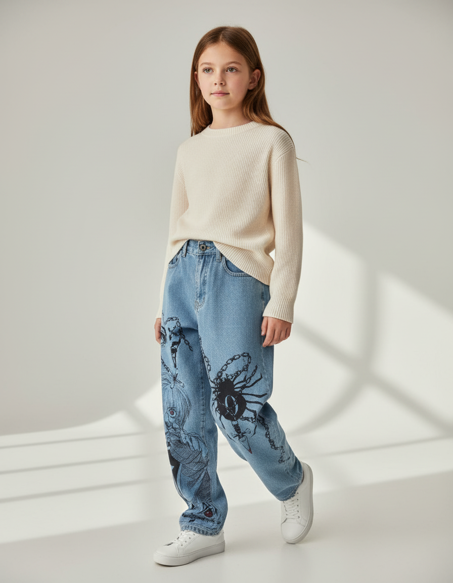 Pantalon Baggy Jean Clair Ample Imprimé Araignée Unisexe - Bleu