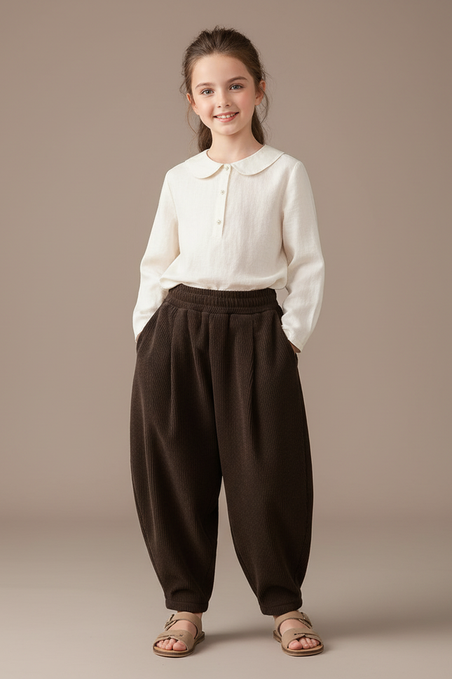 Pantalon Baggy Marron Côtelé Ample Élastique Confortable - Cordé