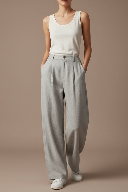 Pantalon Baggy Femme Gris Taille Haute - Laine
