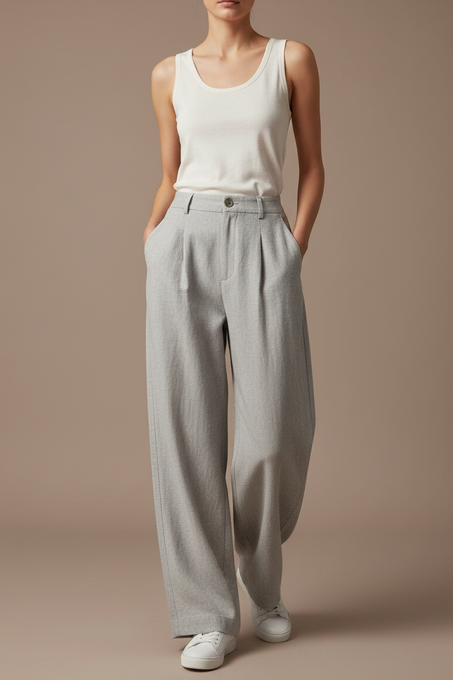 Pantalon Baggy Femme Gris Taille Haute - Laine