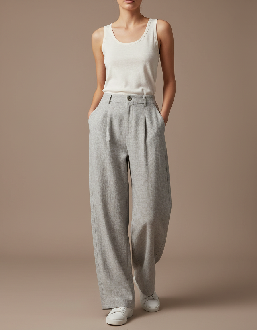 Pantalon Baggy Femme Gris Taille Haute - Laine