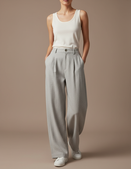 Pantalon Baggy Femme Gris Taille Haute - Laine