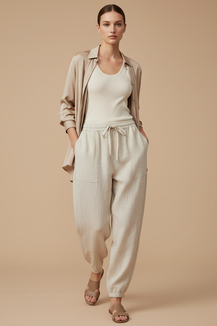 Pantalon Baggy Beige Lin Ample Cordon Femme