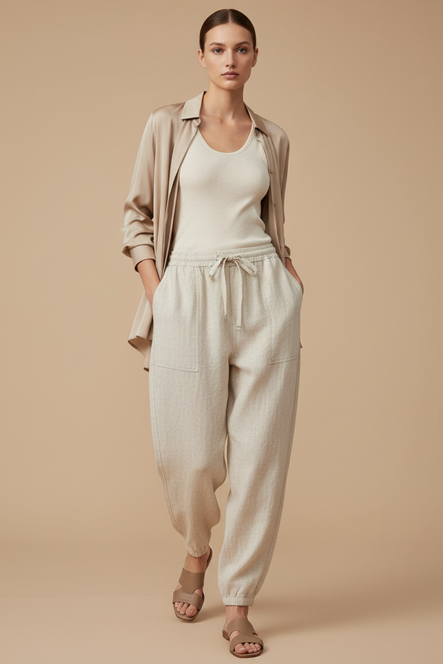 Pantalon Baggy Beige Lin Ample Cordon Femme