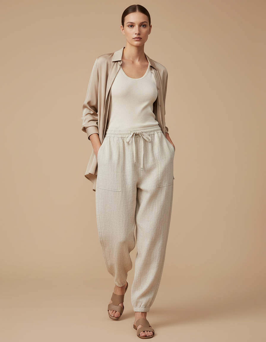 Pantalon Baggy Beige Lin Ample Cordon Femme