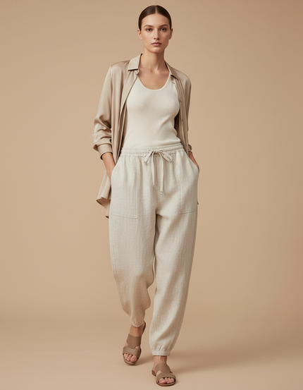 Pantalon Baggy Beige Lin Ample Cordon Femme