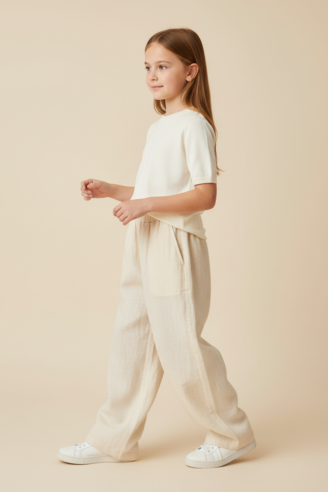 Pantalon Baggy Beige Lin Ample Décontracté Enfant