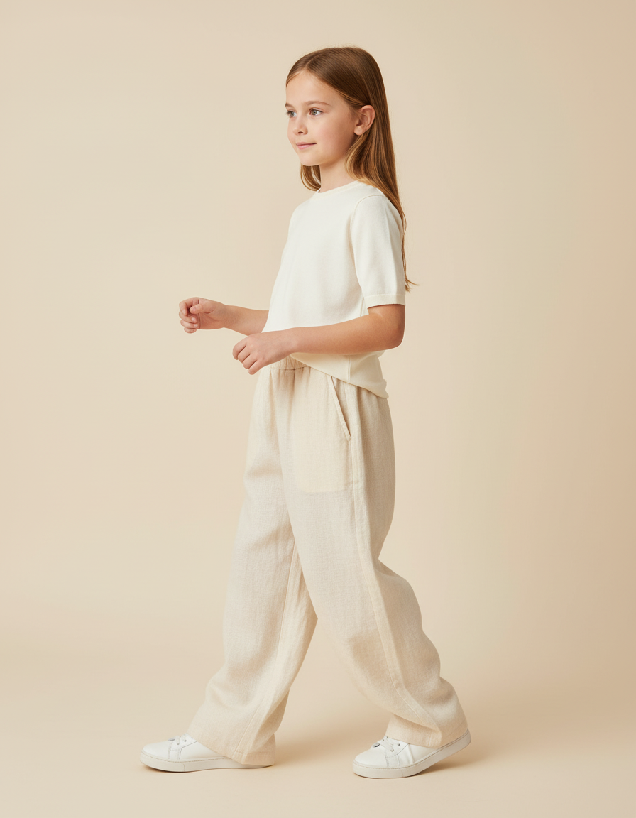Pantalon Baggy Beige Lin Ample Décontracté Enfant