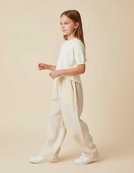 Pantalon Baggy Beige Lin Ample Décontracté Enfant