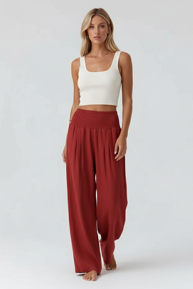 Pantalon Baggy Rouge Brique Ample Smocké Fluide - Viscose