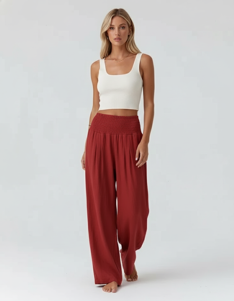 Pantalon Baggy Rouge Brique Ample Smocké Fluide - Viscose