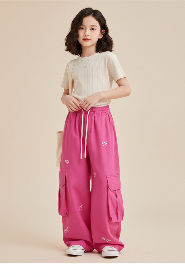 Pantalon Baggy Rose Cargo Ample Nœuds Cordon - Toile