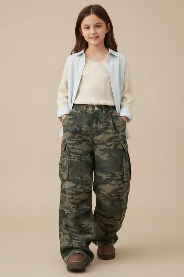 Pantalon Baggy Camouflage Ample Cargo Militaire Fille - Kaki Toile