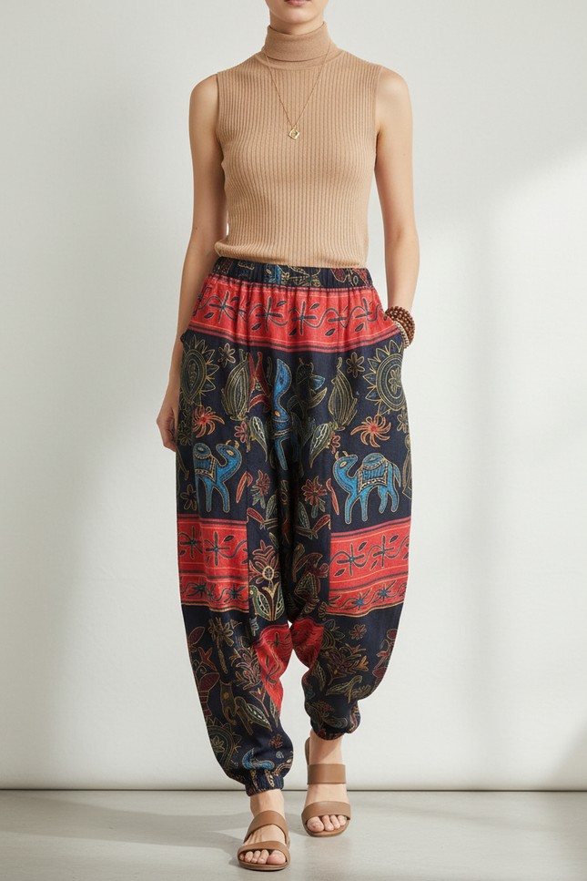 Pantalon Baggy Ethnique Imprimé Bohème Fluide Femme - Multicolore Coton