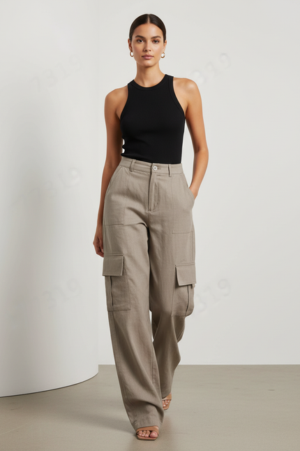 Pantalon Baggy Beige Cargo Ample Lin Poches