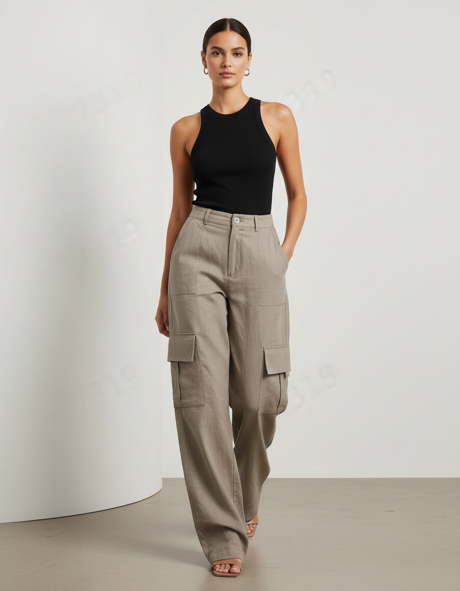 Pantalon Baggy Beige Cargo Ample Lin Poches