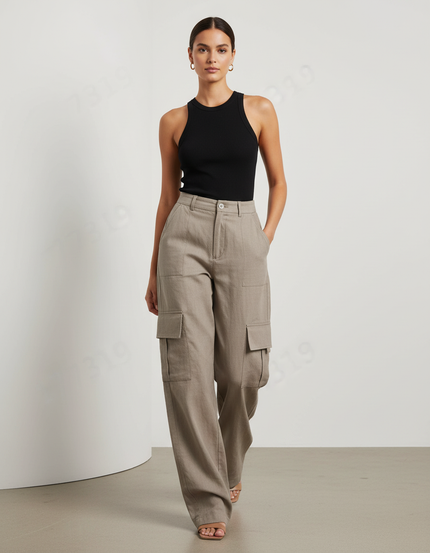 Pantalon Baggy Beige Cargo Ample Lin Poches