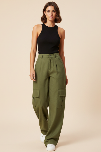 Pantalon Baggy Vert Kaki Cargo Ample Femme - Laine