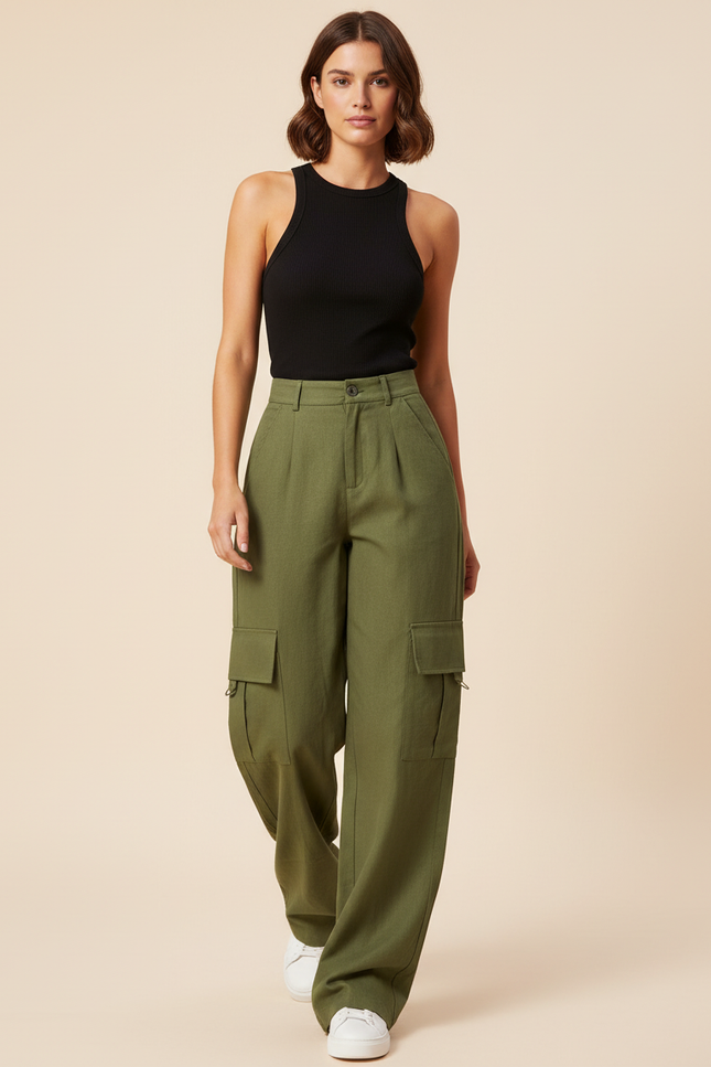 Pantalon Baggy Vert Kaki Cargo Ample Femme - Laine