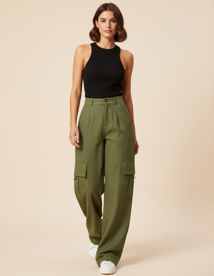 Pantalon Baggy Vert Kaki Cargo Ample Femme - Laine