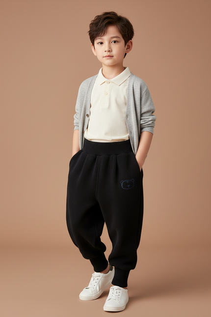 Pantalon Baggy Noir Molletonné Ample Brodé Enfant