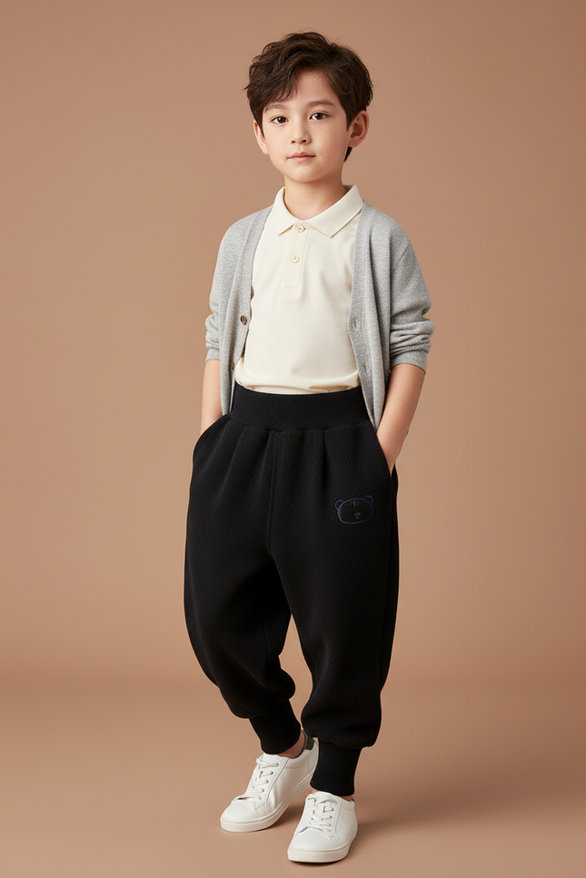 Pantalon Baggy Noir Molletonné Ample Brodé Enfant