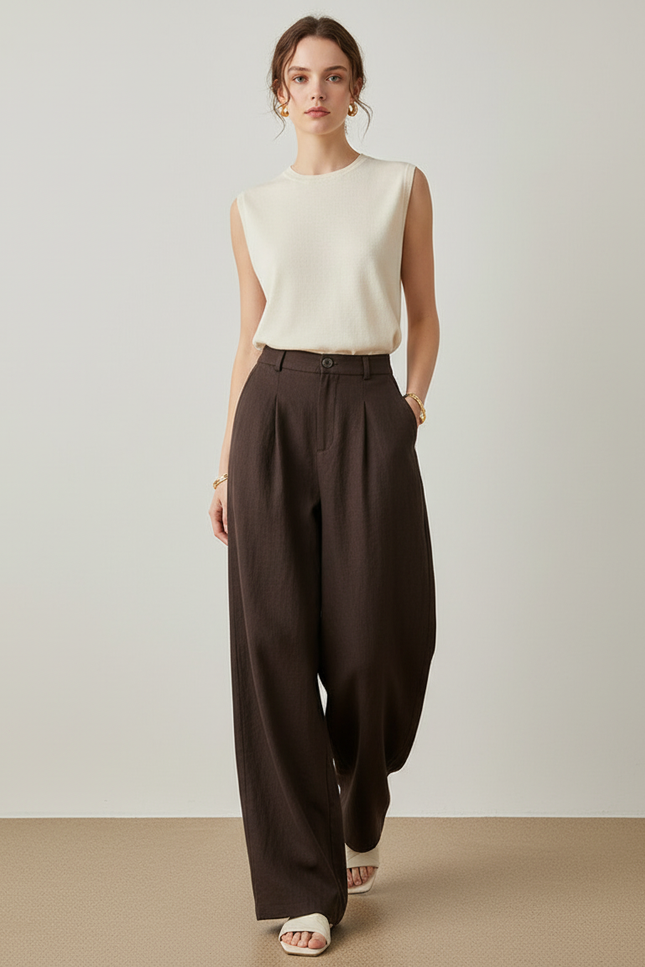 Pantalon Baggy Marron Lin Fluide Plissé Ample