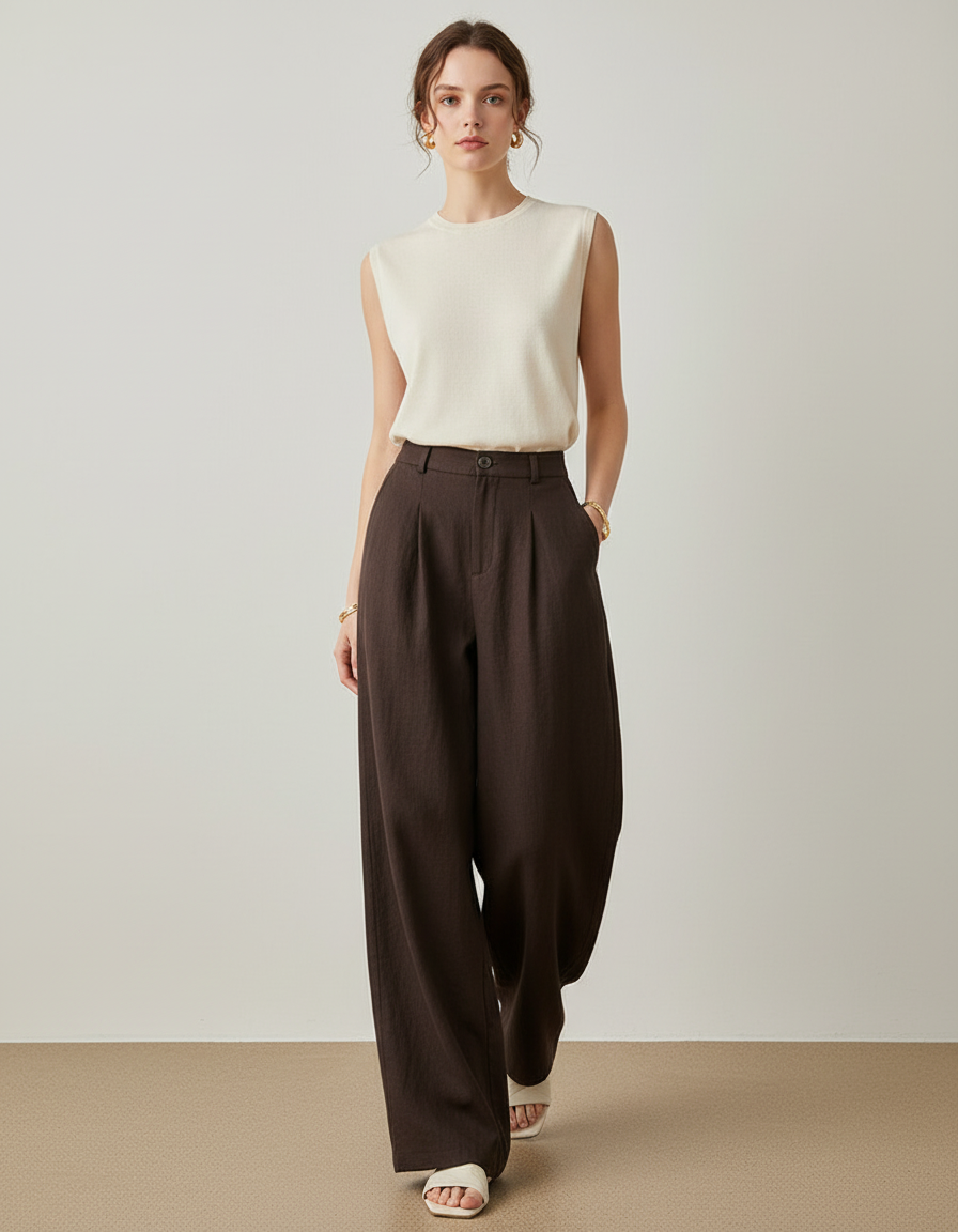 Pantalon Baggy Marron Lin Fluide Plissé Ample