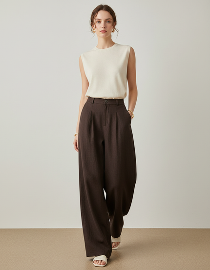 Pantalon Baggy Marron Lin Fluide Plissé Ample