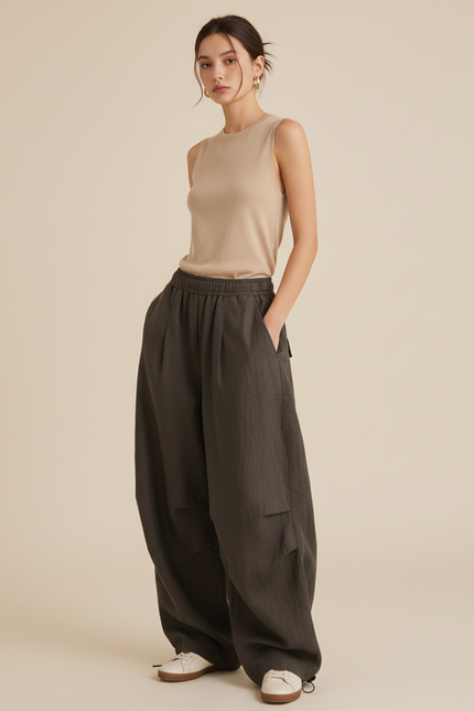 Pantalon Baggy Gris Ample Fluide Poches - Lin