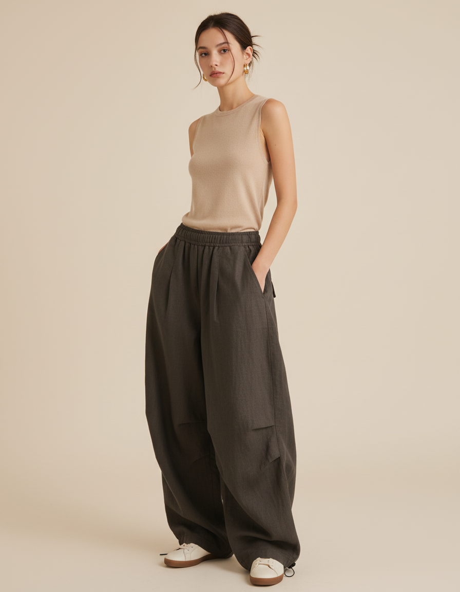 Pantalon Baggy Gris Ample Fluide Poches - Lin