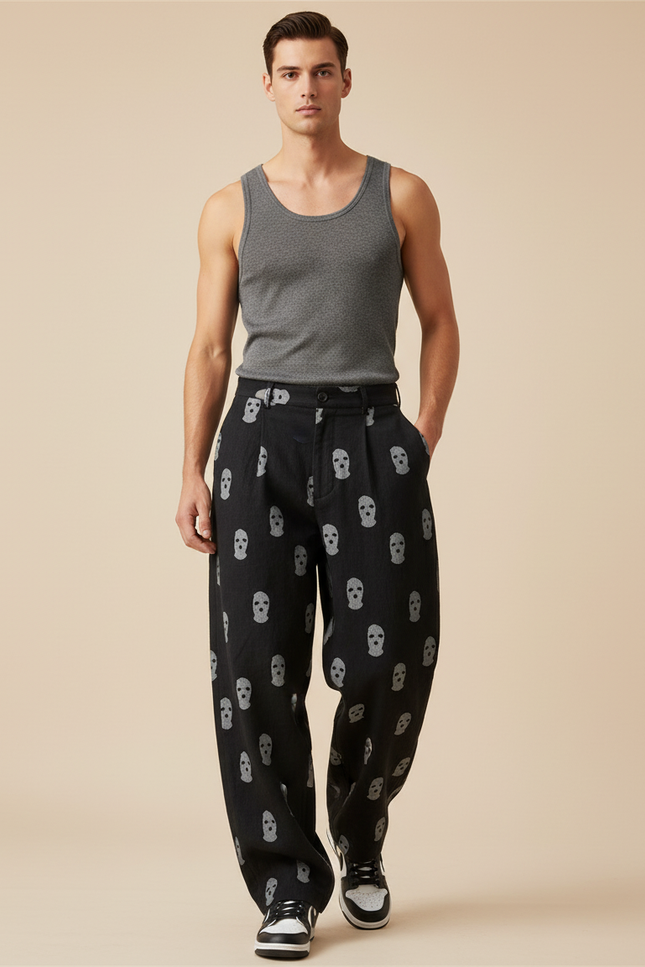 Pantalon Baggy Noir Crânes Imprimés Ample Décontracté Homme - Jean