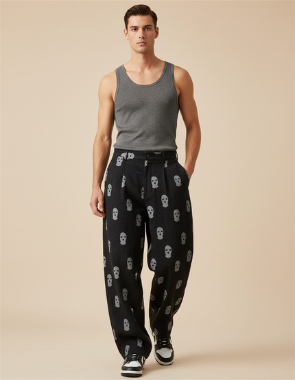 Pantalon Baggy Noir Crânes Imprimés Ample Décontracté Homme - Jean